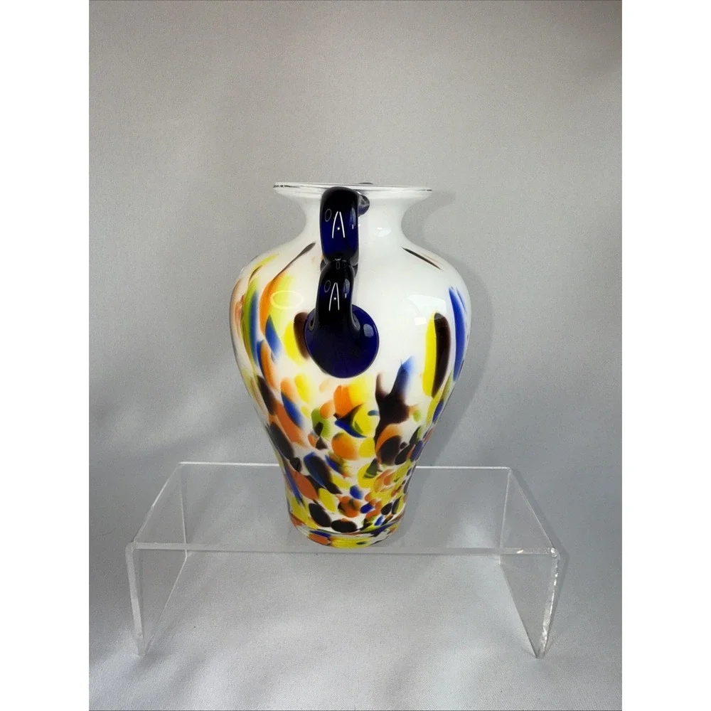Colorful Glass Vase Speckled Splatter Paint on White Double Cobalt‎ Handle 7